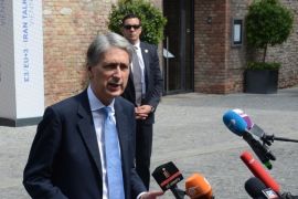 VIENNA, AUSTRIA - JULY 02: British Secretary of State for Foreign and Commonwealth Affairs Philip Hammond talking to journalists as he arrives at the Palais Coburg for talks between the E3+3 (France, Germany, UK, China, Russia, US) and Iran, in Vienna, Austria on July 02, 2015.