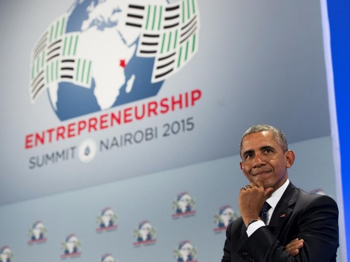 US President Barack Obama looks on during the Global Entrepreneurship Summit at the United Nations Compound in Nairobi on July 25, 2015. The sixth annual summit will highlight investment, innovation and entrepreneurship in sub-Saharan Africa. AFP PHOTO / SAUL LOEB