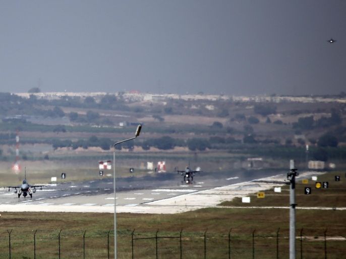 ADANA, TURKEY - JULY 24: Military aircrafts of Turkish Air Force take off from the Incirlik 10th Tanker Base Command in Saricam district, Adana on July 24, 2015. On Friday, Turkish F-16 fighter jets hit three Daesh targets in Syria in the morning. Turkish jets carried out the operation without violating the Syrian airspace, according to a statement by the Prime Ministry.