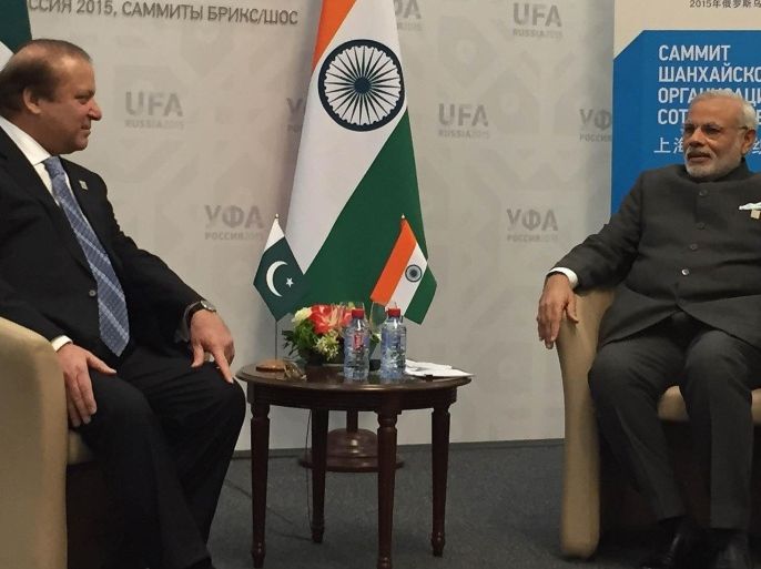 UFA, RUSSIA - JULY 10: Pakistani Prime Minister Muhammad Nawaz Sharif (L) and India's Prime Minister Narendra Modi (R) meet during Shanghai Cooperation Organization (SCO) summit in Ufa on July 10, 2015.