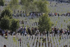 Thousands of Bosnian muslims gather at the Potocari Memorial Center in Srebrenica, Bosnia and Herzegovina, 11 July 2015, as 136 newly-identified Bosnian Muslims will be buried as part of a memorial ceremony to mark the anniversary of the Srebrenica massacre. July 2015 marks the 20-year anniversary of the Srebrenica Massacre that saw more than 8,000 Bosnians men and boys killed by Bosnian Serb forces during the Bosnian war. On 08 July Russia vetoed a United Nations Security Council resolution that would have labeled as genocide the 1995 massacre of Muslims in Srebrenica by ethnic Serbs.