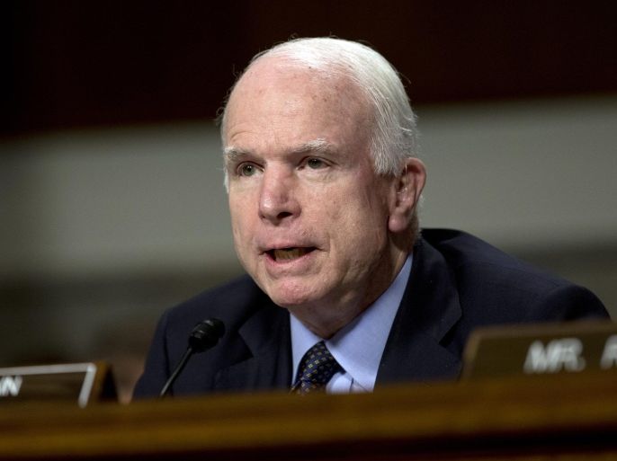 FILE - In this June 7, 2015, photo, Senate Armed Services Committee Chairman Sen. John McCain, R-Ariz., speaks during the Senate Armed Services Committee hearing on Capitol Hill in Washington. McCain now has an official primary challenger in Arizona state Sen. Kelli Ward, a tea party favorite who announced July 14 she's formally taking on the task of trying to knock off the five-term Republican lawmaker next year. (AP Photo/Carolyn Kaster)