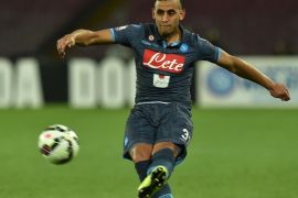 NAPLES, ITALY - APRIL 08: Faouzi Ghoulam of SSC Napoli in action during the TIM cup match between SSC Napoli and SS Lazio at Stadio San Paolo on April 8, 2015 in Naples, Italy.