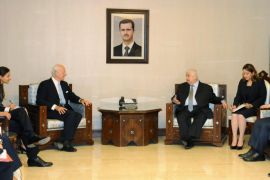 Syrian Foreign Minister, Walid al-Moallem(center - R), meets the United Nations envoy for Syria, Staffan de Mistura (center - L) in Damascus, Syria, 23 July 2015. According to reports de Mistura arrived early 23 July to continue his consultations with Syrian officials on ways of reaching a political solution to the crisis in the country. 22 July de Mistura expressed concern over unprecendented levels of destruction cause by the Syrian regime's assault on Zabadani, where it employed barrel bombs, a tactic which has led to the deaths of thousands of civilians in Syria's ongoing civil war, now in its fifth year.