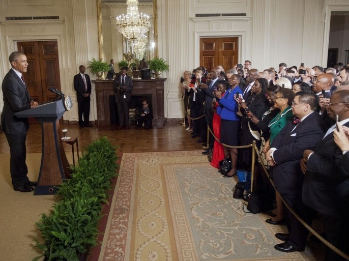 President Barack Obama speaks during a reception in the East Room of the White House in Washington, Wednesday, July 22, 2015. The reception was to celebrate the recent signing into law of the African Growth and Opportunity Act (AGOA). (AP Photo/Pablo Martinez Monsivais)