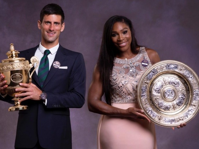 Novak Djokovic of Serbia (L) and Serena Williams of the US (R) pose with their trophies at the Wimbledon Champions Dinner at the Guildhall in London, Britain, 12 July 2015. EPA/Thomas Lovelock /AELTC HANDOUT