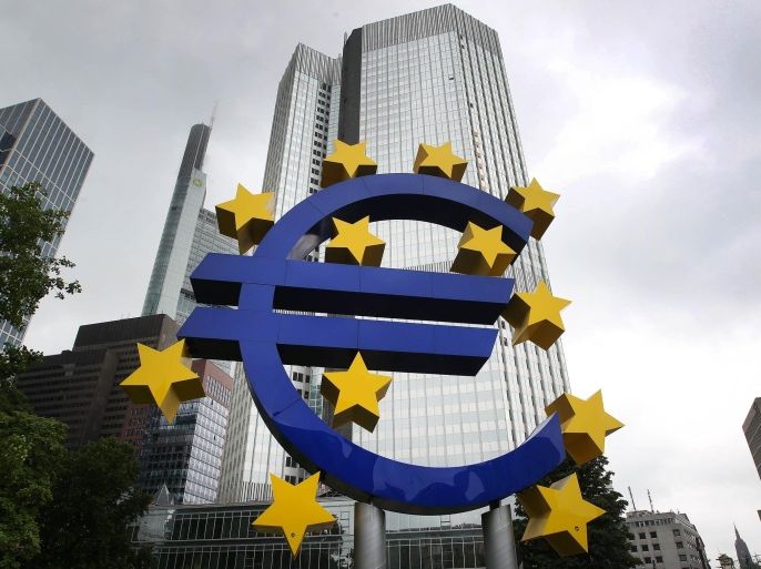 The Euro logo is pictured in front of the former headquarter of the European Central Bank (ECB) in Frankfurt am Main, western Germany, on July 20, 2015 as Greece has begun making a 4.2 billion euro ($4.6 billion) payment due to the ECB as well as outstanding sums due to the International Monetary Fund (IMF) according to a ministerial source. The transfer was made possible by a short-term 'bridge' loan of 7.16 billion euros granted by the European Union on July 17, 2015.AFP PHOTO / DANIEL ROLAND