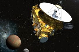 An undated artist's concept made available by NASA and the Johns Hopkins University Applied Physics Laboratory/Southwest Research Institute (JHUAPL/SwRI) on 08 December 2014 shows the New Horizons spacecraft as it approaches Pluto and its three moons in summer 2015. New Horizons was launched from Earth on 19 January 2016, is now three billion miles (4.82 billion km) away and spend nearly nine years in hibernation but has woken up, as scheduled, on 08 December 2014.The craft's miniature cameras, radio science experiment, ultraviolet and infrared spectrometers and space plasma experiments would characterize the global geology and geomorphology of Pluto and large moon Charon, map their surface compositions and temperatures, and examine Pluto's atmosphere in detail, as well as have a look at the Kuiper Belt. The spacecraft's most prominent design feature is a nearly 2.1-meter dish antenna, through which it will communicate with Earth from as far as 7.5 billion kilometers away. EPA/NASA (JHUAPL/SwRI)