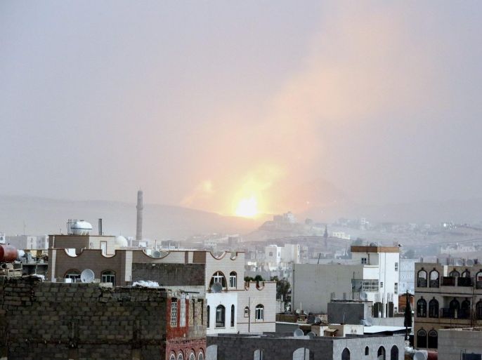 A huge explosion rocks alleged military weapon depots controlled by Houthis rebels as airstrikes are carried out by the Saudi-led coalition in Sana'a, Yemen, 04 July 2015. Saudi Arabia and allied Sunni Arab countries began military intervention in late March in Yemen after the Houthis and allied military units advanced on Aden and forced Hadi to flee to Saudi Arabia. The Shiite Houthis, who hail from Yemen's far north, control large parts of the impoverished country including the capital, Sana'a. UN-brokered peace talks this month failed to produce a ceasefire deal.