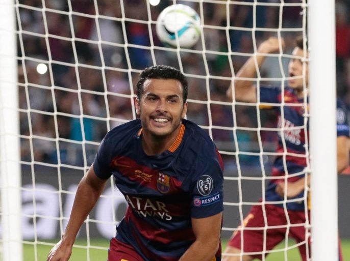 Barcelona's Pedro Rodriguez celebrates after scoring his side's 5th goal during the UEFA Super Cup soccer match between FC Barcelona and Sevilla FC at the Boris Paichadze Dinamo Arena stadium, in Tbilisi, Georgia, on Wednesday, Aug. 12, 2015. (AP Photo/Ivan Sekretarev)