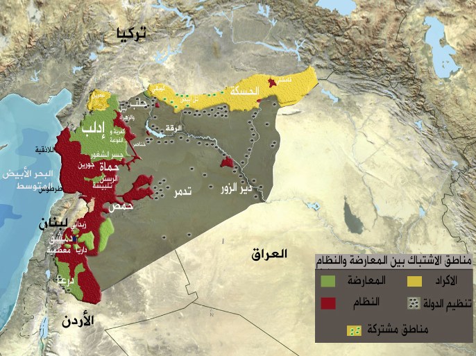 خارطة سوريا موضح عليها مناطق الاشتباك بين المعارضة والنظام