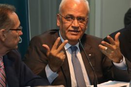 A handout picture provided by Argentine Council for International Relations (CARI) shows Palestine Liberation Organization (PLO) Chief Negotiator Saeb Erekat (R) attending an academic conference at CARI in Buenos Aires, Argentina, 13 August 2015. Erekat asked for support from the international community in reaching the recognition of two states. EPA/Argentine Council for International Relations / HANDOUT