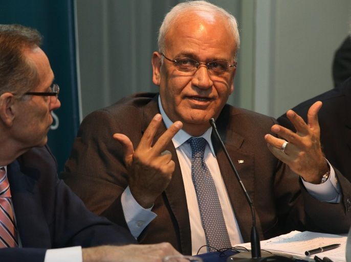A handout picture provided by Argentine Council for International Relations (CARI) shows Palestine Liberation Organization (PLO) Chief Negotiator Saeb Erekat (R) attending an academic conference at CARI in Buenos Aires, Argentina, 13 August 2015. Erekat asked for support from the international community in reaching the recognition of two states. EPA/Argentine Council for International Relations / HANDOUT