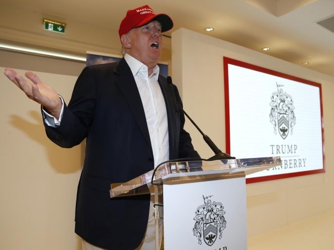 Golf - RICOH Women's British Open 2015 - Trump Turnberry Resort, Scotland - 30/7/15 US Presidential Candidate Donald Trump answers questions from the media at a press conference during a visit to his Scottish golf course Turnberry Action Images via Reuters / Russell Cheyne Livepic