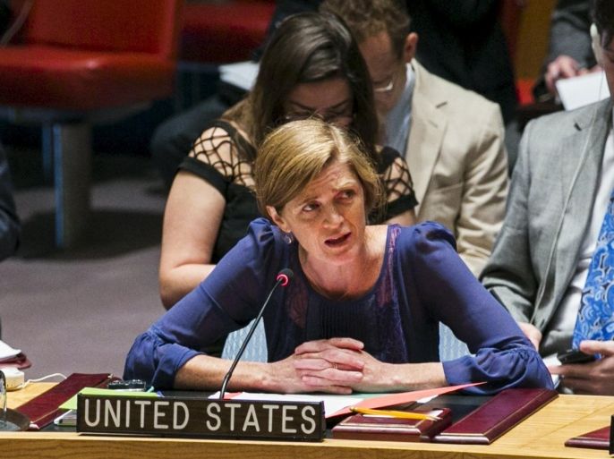 U.S. Ambassador to the United Nations, Samantha Power, addresses a resolution to investigate the use of chemical weapons in Syria during a United Nations Security Council meeting at the U.N. headquarters in New York August 7, 2015. The U.N. Security Council on Friday unanimously passed a resolution asking U.N. chief Ban Ki-moon and the head of the global anti-chemical weapons watchdog to prepare a plan to set up an inquiry to identify those behind chemical weapons attacks in Syria's civil war. REUTERS/Lucas Jackson