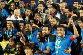 Al Hilal players celebrate winning the Saudi Super Cup final between Al-Nassr and Al-Hilal at Loftus road stadium in West London, Britain, 12 August 2015.