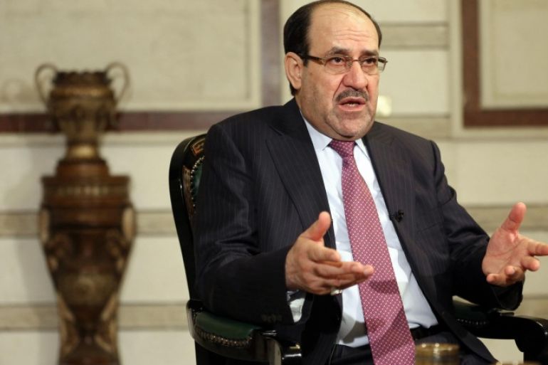Iraq's Vice President and former Prime Minister Nouri al-Maliki, speaks during an interview with The Associated Press in Baghdad, Iraq, Monday, Feb. 2, 2015. Al-Maliki denies he is seeking a political comeback despite frequent appearances in local media and a recent high-profile visit to influential neighboring Iran. (AP Photo/Khalid Mohammed)
