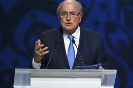FIFA President Sepp Blatter addresses during the preliminary draw for the 2018 FIFA World Cup at Konstantin Palace in St. Petersburg, Russia July 25, 2015. REUTERS/Stringer