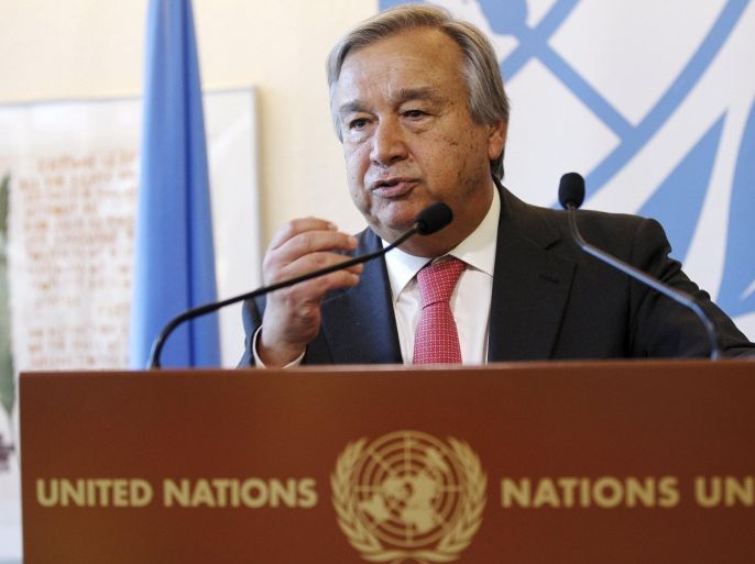 United Nations High Commissioner for Refugees Antonio Guterres speaks during a news conference on the subject of the refugee crisis in Europe, at the United Nations European headquarters in Geneva, Switzerland, August 26, 2015. REUTERS/Pierre Albouy