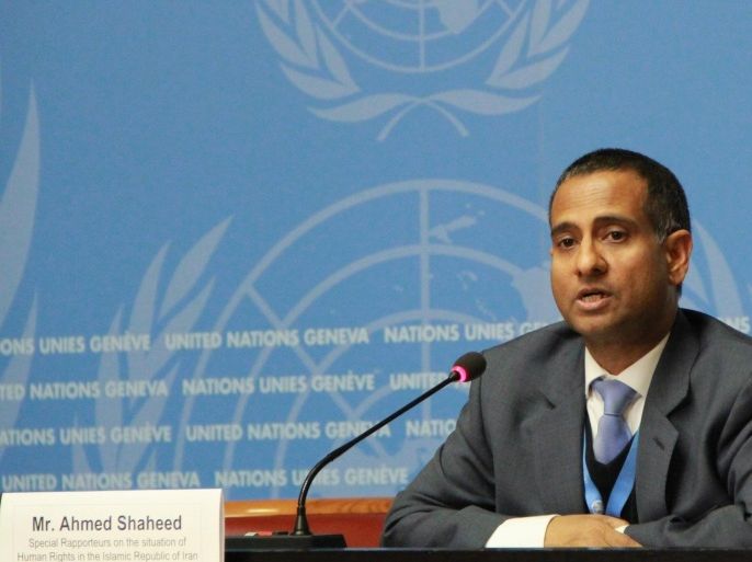 GENEVA, SWITZERLAND - MARCH 16: UN special rapporteur on the human rights situation in Iran, Ahmed Shaheed speaks at UN Human Rights Council in Geneva, Switzerland, on March 16, 2015.