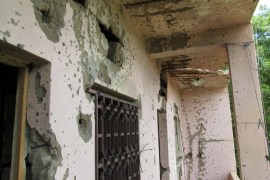 A photo taken on August 8, 2015 shows bullet holes in the walls of the Hotel Byblos in the central Malian town of Sevare, after gunmen stormed the hotel on August 7. At least 12 people including four foreign UN contractors died in a hostage siege at the hotel in central Mali that ended early on August 8 when government troops stormed the building. AFP PHOTO / STRINGER
