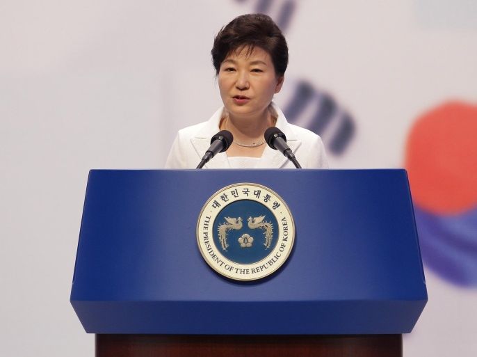 SEOUL, SOUTH KOREA - AUGUST 15: South Korean President Park Geun-Hye speaks during the 70th Independence Day ceremony at Sejong Art Center on August 15, 2015 in Seoul, South Korea. Korea was liberated from Japan's 35-year colonial rule on August 15, 1945 at the end of World War II.