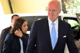 United Nations envoy for Syria, Staffan de Mistura (C), returns to his hotel after meeting the Syrian Foreign Minister, Walid al-Moallem, in Damascus, Syria, 23 July 2015. According to reports de Mistura arrived early 23 July to continue his consultations with Syrian officials on ways of reaching a political solution to the crisis in the country. 22 July de Mistura expressed concern over unprecendented levels of destruction cause by the Syrian regime's assault on Zabadani, where it employed barrel bombs, a tactic which has led to the deaths of thousands of civilians in Syria's ongoing civil war, now in its fifth year. EPA/YOUSSEF BADAWI