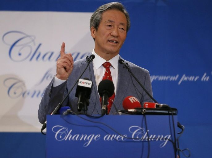 Former FIFA vice president and current honorary chairman of the Korea Football Association, South Korea's Chung Mong-Joon, holds a news conference to announce his candidacy for the presidency of FIFA, in Paris, France, 17 August 2015. Chung, who served as FIFA's No. 2 man from 1994 to 2011, officially launched his bid to run for the top position at an upcoming election scheduled for February 2016. He has been a vocal critic of the world's football governing body since several officials were implicated in corruption scandals, including outgoing leader Sepp Blatter.