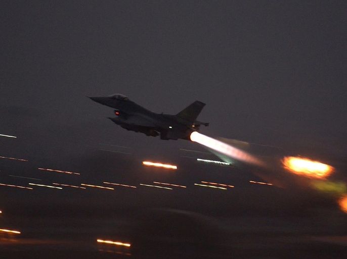 In this image provided by the U.S. Air Force, an F-16 Fighting Falcon takes off from Incirlik Air Base, Turkey, as the U.S. on Wednesday, Aug. 12, 2015, launched its first airstrikes by Turkey-based F-16 fighter jets against Islamic State targets in Syria, marking a limited escalation of a yearlong air campaign that critics have called excessively cautious. (Krystal Ardrey/U.S. Air Force via AP))
