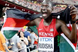 David Rudisha of Kenya celebrates after winning the men's 800m final during the Beijing 2015 IAAF World Championships at the National Stadium, also known as Bird's Nest, in Beijing, China, 25 August 2015.