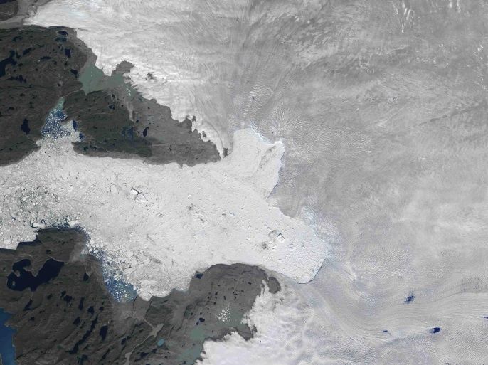 The Jakobshavn glacier-Greenland's fastest-moving glacier located near Ilulissat-is seen in a NASA image taken by the Operational Land Imager (OLI) on the Landsat 8 satellite July 31, 2015. NASA images released August 20, 2015, show that the glacier shed a large chunk of ice sometime between August 14 and August 16. Scientists track the calving rate and speed of Jakobshavn in part because the glacier is responsible for draining a large portion of the Greenland Ice Sheet, according to a NASA news release. Picture taken July 31, 2015. REUTERS/NASA Earth Observatory/Handout THIS IMAGE HAS BEEN SUPPLIED BY A THIRD PARTY. IT IS DISTRIBUTED, EXACTLY AS RECEIVED BY REUTERS, AS A SERVICE TO CLIENTS. FOR EDITORIAL USE ONLY. NOT FOR SALE FOR MARKETING OR ADVERTISING CAMPAIGNS