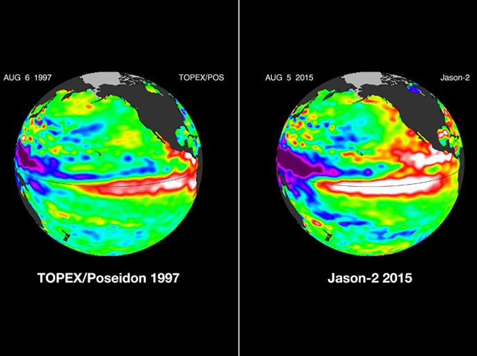 These false-color images provided by NASA satellites compare warm Pacific Ocean water temperatures from the strong El Nino that brought North America large amounts of rainfall in 1997, left, and the current El Nino as of Aug. 5, 2015, right. Warmer ocean water that normally stays in the western Pacific, shown as lighter orange, red and white areas, moves east along the equator toward the Americas. Forecasters say this El Nino is already the second strongest on record for this time of year and could be one of the most potent weather changers in 65 years. (NASA via AP)