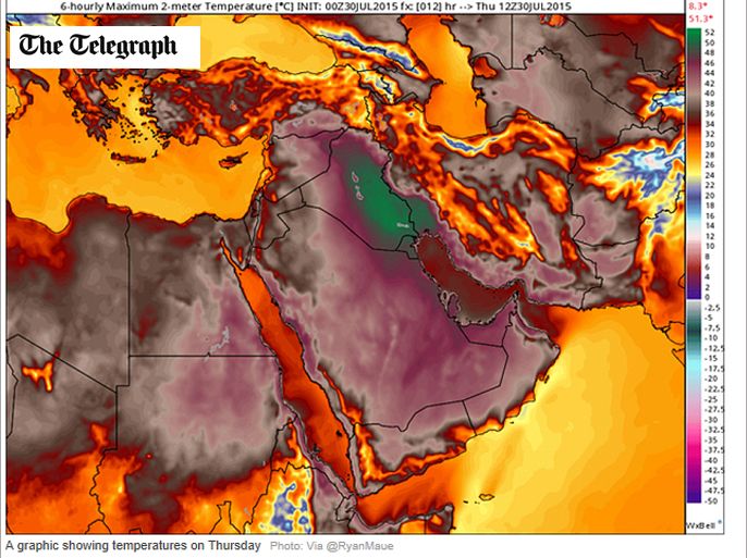 خارطة تشير ارتفاع درجاة الحرارة في الشرق الأوسط المصدر "ذي تلغراف"