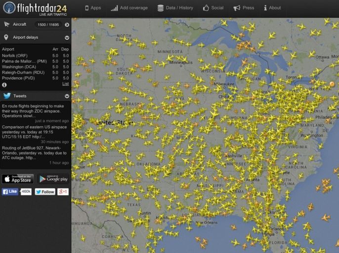 This image made from the website Flightradar24.com shows air traffic over the eastern half of the United States on Saturday, Aug. 15, 2015 at 4 p.m. EDT. Flights bound for the Washington area and some flights from airports in the New York City area that must fly over the Washington region were being delayed or grounded Saturday due to "technical issues" at an air traffic control center in Virginia, the Federal Aviation Administration said. (Flightradar24.com via AP) MANDATORY CREDIT: FLIGHTRADAR24.COM