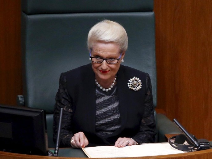 Speaker of the House of Representatives Bronwyn Bishop listens to a speech in Australia's Parliament House in Canberra in this picture taken November 17, 2014. Australian Prime Minister Tony Abbott on August 2, 2015 announced a wide-ranging inquiry into politicians’ entitlements after a scandal that plagued his government for weeks claimed the scalp of Speaker of the House Bronwyn Bishop. Bishop, 72, a close Abbott ally and presiding officer in the lower house of parliament, tendered her resignation after being criticised for spending over A$5,000 in public funds to charter a helicopter to attend a fundraiser for the ruling Liberal Party. Picture taken November 17, 2014. REUTERS/David Gray