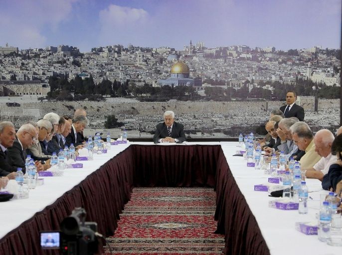 RAMALLAH, WEST BANK - JULY 31: Palestinian President Mahmoud Abbas meets with the board members of the Palestine Liberation Organization (PLO) and secretary generals of Palestinian groups in Ramallah, West Bank on July 31, 2015.
