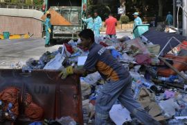Workers clear the area of clashes between Lebanese activists and riot police 23 August in front of the Lebanese Government Palace, downtown Beirut, Lebanon, 24 August 2015. According to local reports Lebanese citizens gathered to protest the Governments ongoing inability to find a solution to the country's continuing garbage crisis, which has left streets overflowing with garbage, due in large part to graft associated with the awarding of contracts to private companies linked to the Government to operate collections. However, Prime Minister Tammam Salam, has threatened to resign as a result of the 'You Stink' protests, which on their second day 23 August as thousands took to the streets, turned violent.