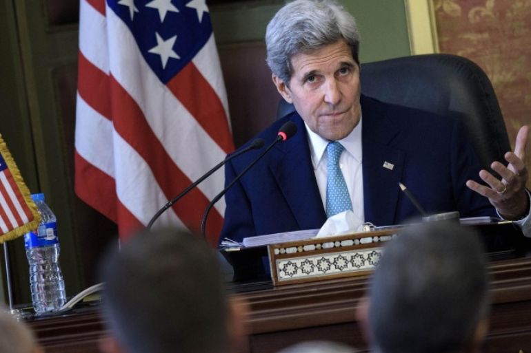 U.S. Secretary of State John Kerry speaks during a press conference with his Egyptian counterpart Sameh Shoukry after their meeting at the foreign ministry in Cairo, Egypt, Sunday, Aug. 2, 2015. The United States and Egypt on Sunday resumed formal security talks that were last held six years ago and kept on hiatus until now amid the political unrest that swept the country in the wake of the Arab Spring. (Brendan Smialowski/Pool Photo via AP)