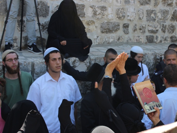 ‪مجموعة من اليهود المتطرفين أثناء اقتحامهم للأقصى بينما تتصدى النساء لهم‬ (الجزيرة)