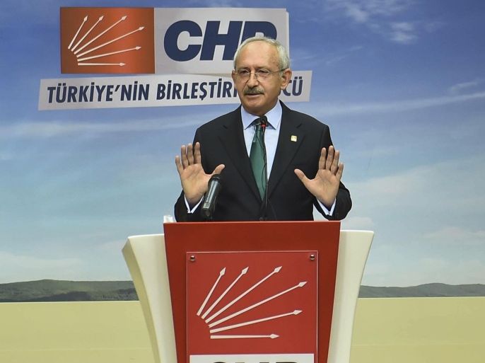 Kemal Kilicdaroglu, the leader of Turkey's main opposition Republican People's Party (CHP) talks during a news conference, in Ankara, Turkey, Friday, Aug. 14, 2015. Efforts on Thursday by Turkish Prime Minister Ahmet Davutoglu to forge a coalition alliance with Kilicdaroglu'S CHP, the country's pro-secular party failed, edging Turkey closer toward new elections as it grapples with escalating violence. The development pushes Turkey into political uncertainty at a time when it is faced with a sharp surge of violence and the country is taking a more front-line role in a U.S.-led campaign against the Islamic State group. (AP Photo)