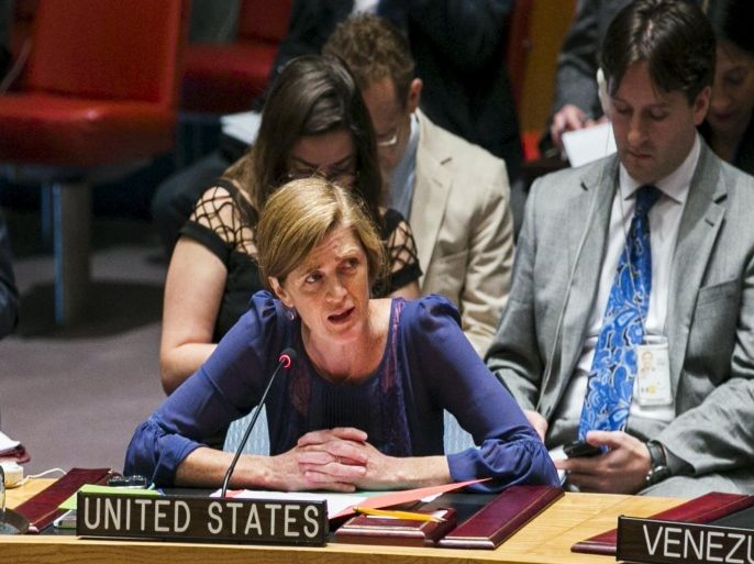 U.S. Ambassador to the United Nations, Samantha Power, addresses a resolution to investigate the use of chemical weapons in Syria during a United Nations Security Council meeting at the U.N. headquarters in New York August 7, 2015. The U.N. Security Council on Friday unanimously passed a resolution asking U.N. chief Ban Ki-moon and the head of the global anti-chemical weapons watchdog to prepare a plan to set up an inquiry to identify those behind chemical weapons attacks in Syria's civil war. REUTERS/Lucas Jackson