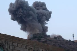 AL HUDAYDAH, YEMEN - MAY 24: Smoke rises from Jabal al Sharif Castle used as a patrol by Houthis after Saudi-led coalition airstrikes hit the Houthi targets in Al Hudaydah on May 24, 2015, as Saudi Arabia and its Arab allies continue to launch military campaign targeting Houthi positions across Yemen.