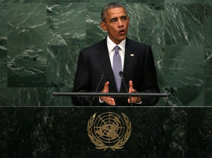US President Barack Obama delivers his address during the the 70th session of the United Nations General Assembly at United Nations headquarters in New York, New York, USA, 29 September 2014. The General Debate runs through 03 October 2015.
