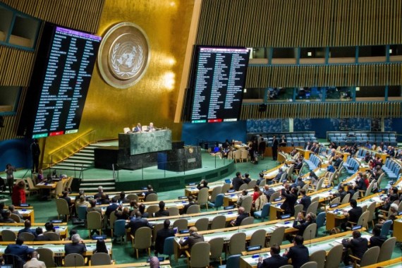 In this photo provided by the United Nations, United Nations General Assembly votes to condemn the U.S. commercial, economic and financial embargo against Cuba, Tuesday, Oct. 28, 2014 at U.N. headquarters. The symbolic vote passed 188-2, with only the U.S. and Israel voting against it. (AP Photo/United Nations, Loey Felipe)