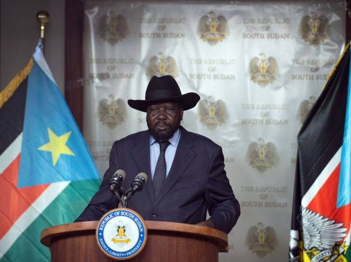 The President of South Sudan Salva Kiir, addresses the nation from the State House on September 15, 2015, in Juba. Kiir addressed the nation, as warring forces traded blame for breaking a ceasefire aimed at ending a 21-month conflict. Under a peace agreement signed by Kiir and rebel leader Riek Machar, a ceasefire was due to enter into force on August 29 but fighting has continued, notably in Upper Nile state. AFP PHOTO/CHARLES ATIKI LOMODONG