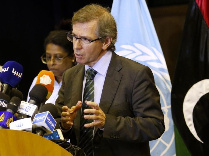 U.N. representative for Libya, Bernardino Leon, gestures as he addresses reporters in Skhirat, Morocco, Monday, Sept. 21, 2015. U.N. envoy Leon announced late Monday that the Libyan peace talks are completed and an agreement will be presented to all parties for signing after the Eid al-Adha holiday. (AP Photo/Abdeljalil Bounhar)