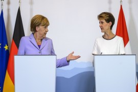 FAB436 - Bern, Bern, SWITZERLAND : German Chancellor Angela Merkel (L) and Swiss President Simonetta Sommaruga give a joint press conference in Bern on September 3, 2015. The German federal statistical office publishes data on the number of immigrants and asylum-seekers who came to Germany in 2014 as Chancellor Angela Merkel is on official visits to Switzerland. AFP PHOTO / FABRICE COFFRINI