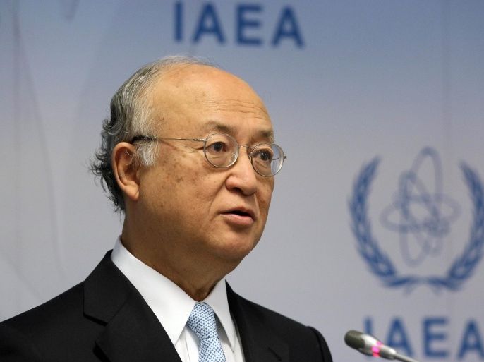 FILE - In this June 8, 2015 file photo, Director General of the International Atomic Energy Agency, IAEA, Yukiya Amano of Japan addresses the media during a news conference after a meeting of the IAEA board of governors at the International Center in Vienna, Austria. Iran said a Sunday, Sept. 20, 2015 visit by the U.N. nuclear chief to Tehran is aimed at implementing an agreement between Tehran and the UN nuclear watchdog according to the official IRNA news agency on Saturday. (AP Photo/Ronald Zak, File)