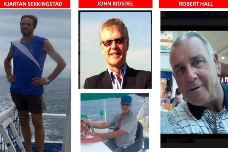 A combo picture released on 22 September 2015 by Philippine Army-Eastern Mindanao Command Public Information Office shows file photos of abducted Norwegian national Kjartan Sekkingstad (L), Canadians John Ridsdel (C), and his friend Robert Hall (R). Two Canadian citizens and a Norwegian resort manager were abducted by unidentified gunmen on an island in the southern Philippines, police and military said. Filipino girlfriend of one of the foreigners were also taken from the resort on Samal Island, 980 kilometres south of Manila, regional military spokesman Captain Alberto Caber said. Caber identified the foreign hostages as John Ridsdel, 68, a consultant with Canadian mining company TVI Pacific Inc, Canadian Robert Hall, 60, and Norwegian Kjartan Sekkingstad, 56. Samal Island, known for its powdery sand beaches and pristine diving spots, is one of the tourism destinations in the province of Davao Del Norte. In 2001, al-Qaeda-linked Abu Sayyaf extremists tried but failed to abduct tourists from Samal Islands's Pearl Farm Resort. EPA/Eastern Mindanao Command Public Information Office / HANDOUT