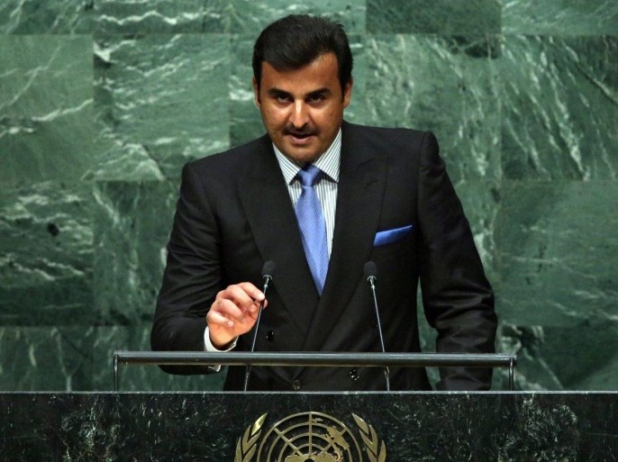 The Emir of Qatar, Sheikh Tamim bin Hamad bin Khalifa Al Thani delivers his speech during the 70th session of the United Nations General Assembly at United Nations headquarters in New York, New York, USA, 28 September 2015. The General Debate runs through 03 October 2015.